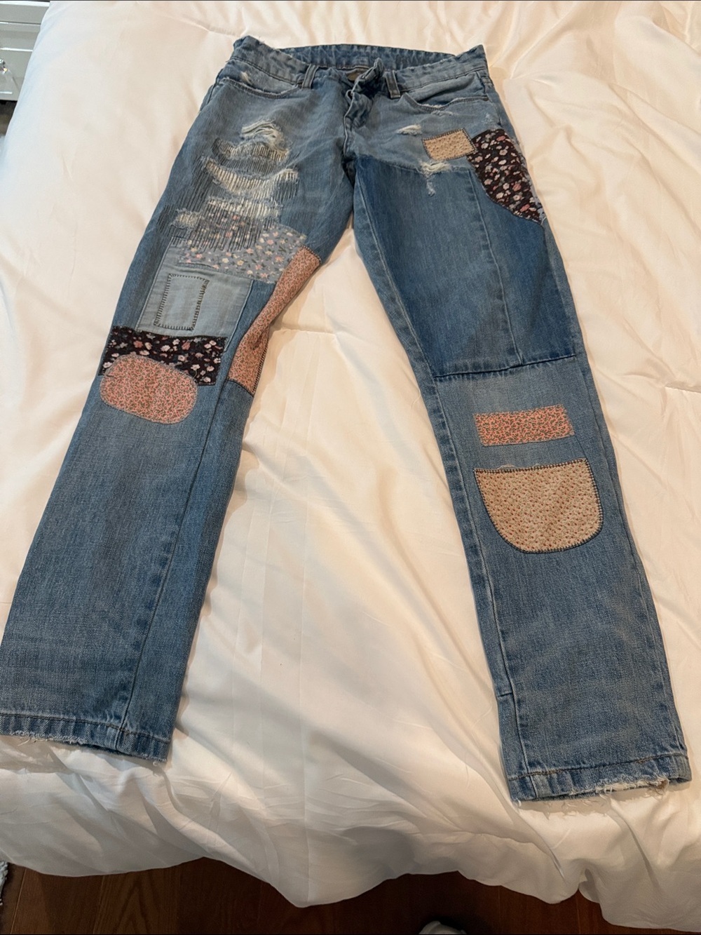Blank NYC Patchwork Straight-Leg Denim Jeans in Blue with Pink Accents